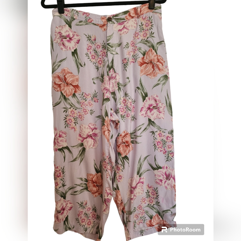 Kylani Pink Tropical Floral Print Silk Cropped Pants SZ XL